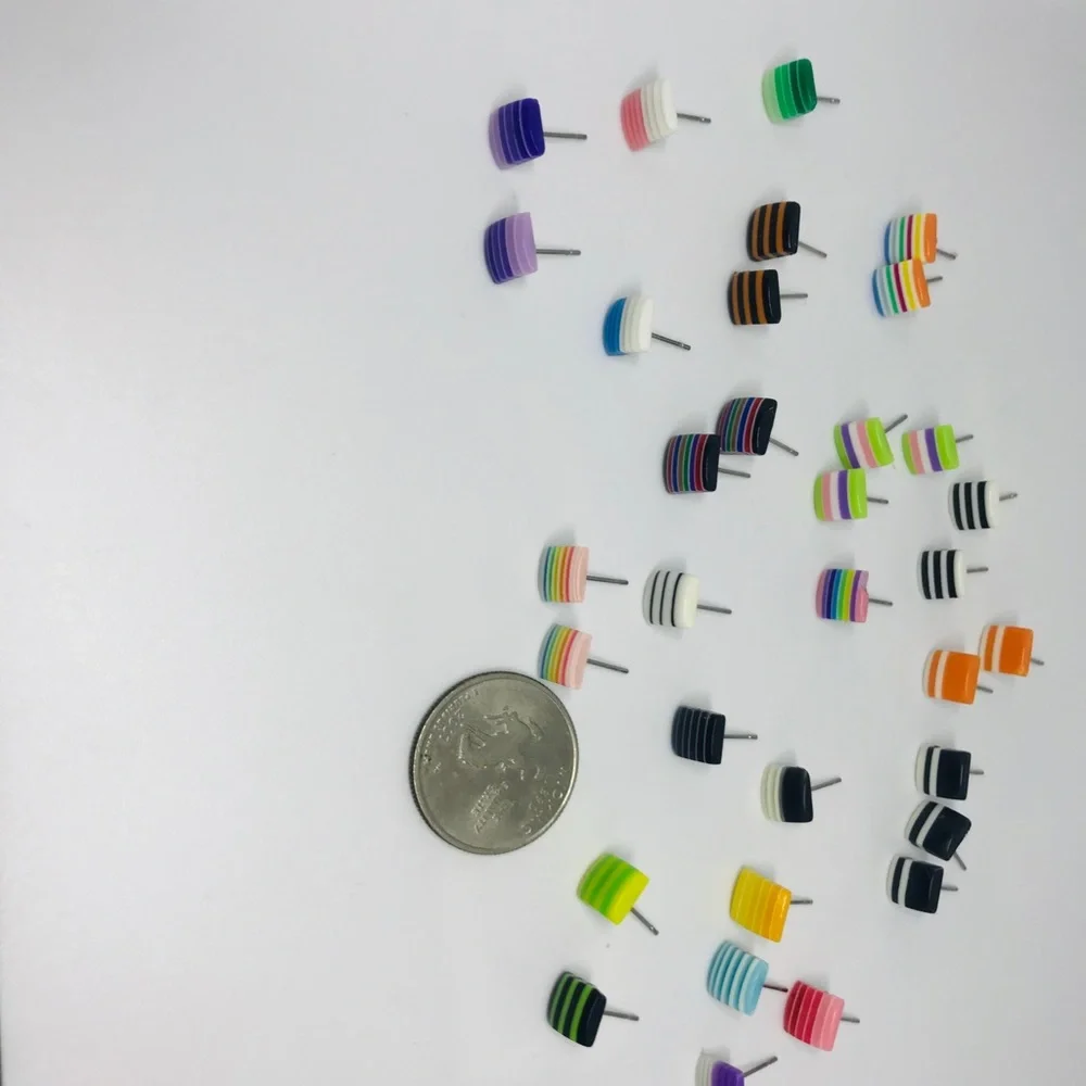 Multi Color Minimalist Repurposed Vintage Striped Bead Stud Earrings